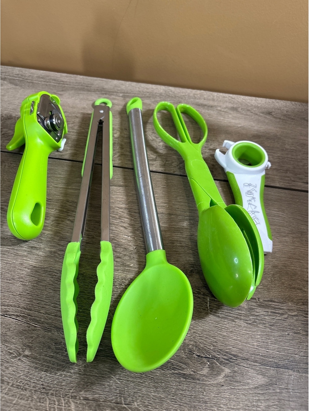 Green Kitchen Utensil Set with Tongs, Scissors, Spoon, Can Opener, and More